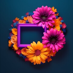 Pink frame with pink and orange flowers with red and blue leaves. 3D concept on a dark background. Flat lay. Generative AI.