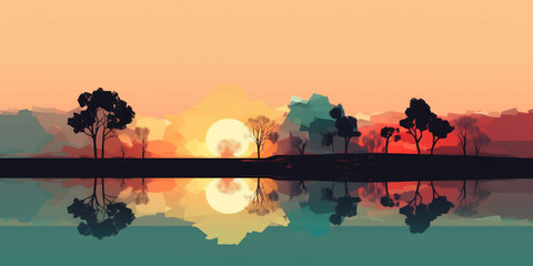 Landscape background with mountains and hills at sunset or sunrise, wallpaper, decor, print, Generated AI