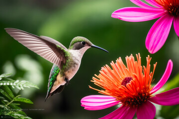 Digital wildlife photo of a Hummingbird flying and aiming on a flower nectar in a tropical rainforest. Wildlife concept of ecological environment. Generative AI