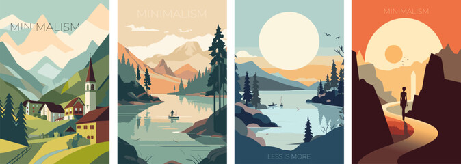 Set of minimalist vector illustration posters with valley landscape, muted colors, lake landscape, lonely human, minimal and modern style for a greeting card - obrazy, fototapety, plakaty