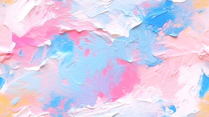 Close up of oil painting texture with brush strokes and palette knife strokes in pink and blue pastel colors, ai generated