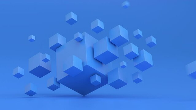 Abstract 3d animation, geometric background design with blue cubes, 4k seamless looped video