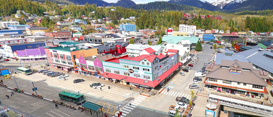 Panoramic View of Town of Ketchikan, Alaska. USA. Colorful Buildings at Cruise ship Pier.