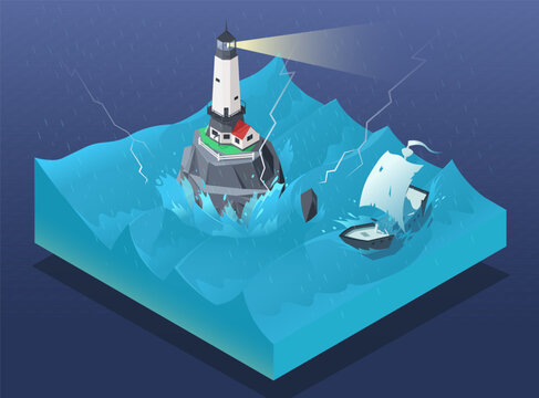 Lighthouse on stone rock in a harsh and stormy ocean in 3d isometric design. Wavy and beautiful sea. Yacht with sailing in large blue waves. Blue sea with rain and lightning. Vector illustration