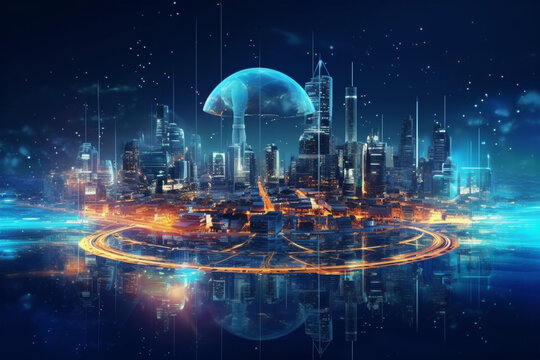 Futuristic city skyline at night. Skyscrapers pierce the sky, casting their vibrant glow onto a bustling metropolis below. Ai generated