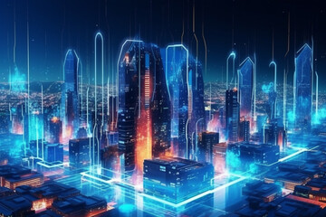 Futuristic city skyline at night. Skyscrapers pierce the sky, casting their vibrant glow onto a bustling metropolis below. Ai generated