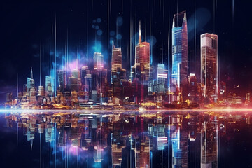 Fototapeta na wymiar Futuristic city skyline at night. Skyscrapers pierce the sky, casting their vibrant glow onto a bustling metropolis below. Ai generated