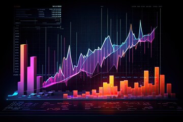 Perspective view of stock market growth, business investing and data concept with digital financial chart graphs, diagrams and indicators Generative AI 