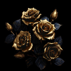 Gold printed roses; gilded roses; black removable background; png type; realistic gold touched flowers and petals. 