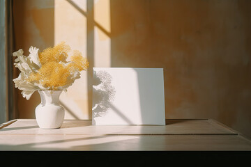 artistic stationary invitation/canvas mock up in a curated whimsical studio setting with natural light and shadow and flowers - ai generative art