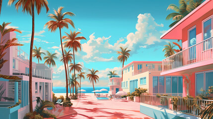 Fototapeta na wymiar Illustration of a sunny day in an American resort town