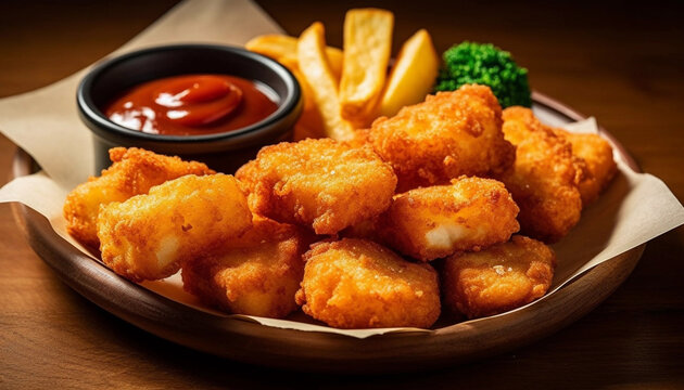 Chicken nuggets with chips and ketchup & mayo