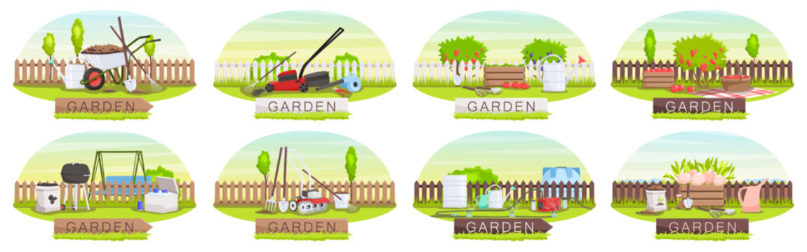 Backyard garden set collection with cultivated soil, shovel, pitchfork, watering can, wheelbarrow, fence. Colorful gardening images or icons with lawn isolated on white background. Vector illustration