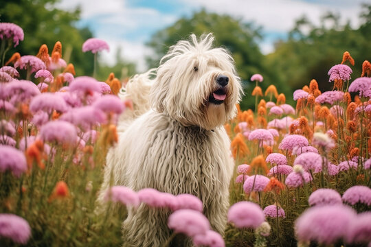 Adorable white komondor or hungarian sheepdog standing in flower garden with his tongue out. Generative AI.