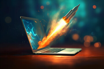 Rocket launching out of a laptop, symbolizing the power of digital innovation. Ai generated