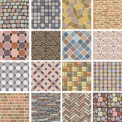 Stones pavement. Garden patio paving textures recent vector seamless background of road and wall surfaces