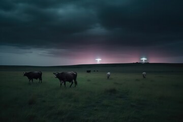 UFO, alien spacecraft with a blue beam of light, hovered over the field and farm. realistic illustration. Generative AI
