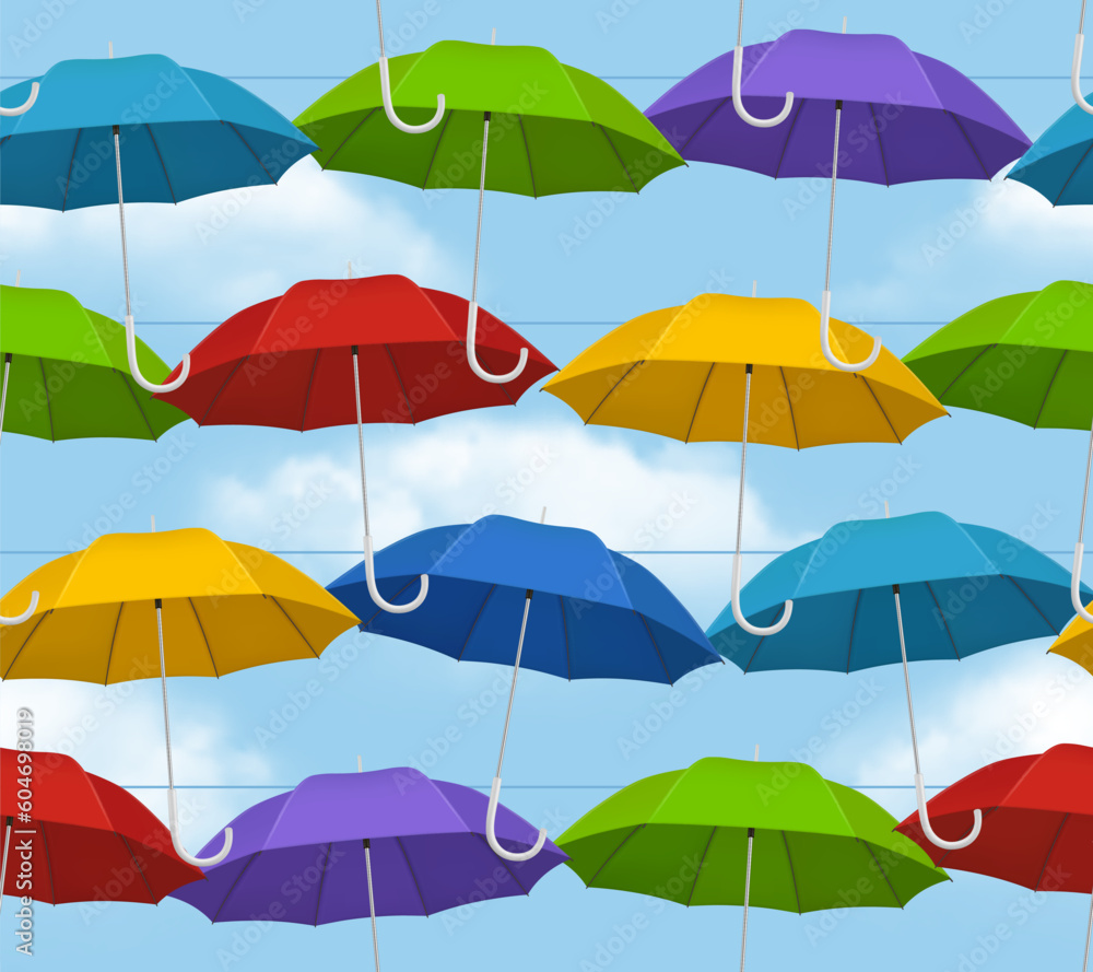 Poster colored umbrella pattern. opening rain tools umbrellas decent vector seamless background
