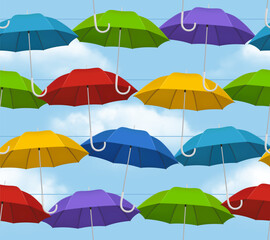 Fototapeta na wymiar Colored umbrella pattern. Opening rain tools umbrellas decent vector seamless background