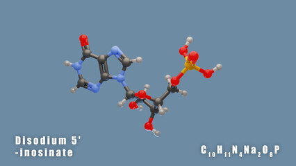 Disodium 5'-inosinate of C10H11N4Na2O8P 3D Conformer Food additive E631. Isolated background