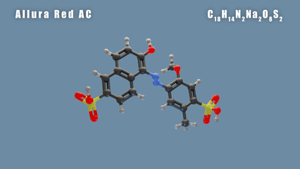Allura Red AC molecule of C18H14N2Na2O8S2 3D Conformer render. Food additive E129. Isolated background