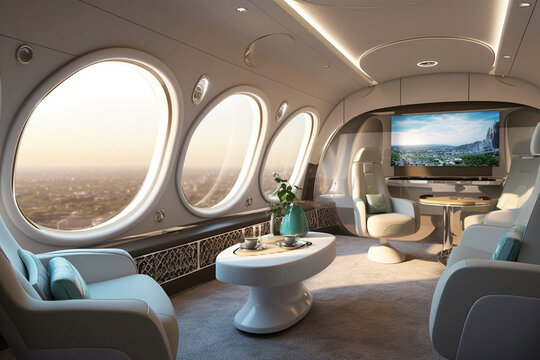Private jet's futuristic modern interior, where sleek design elements meet unparalleled comfort. Ai generated