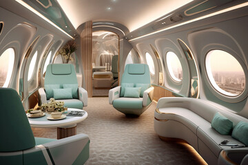 Private jet's futuristic modern interior, where sleek design elements meet unparalleled comfort. Ai generated