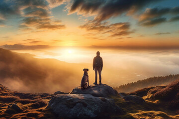 Man and his loyal dog standing on top of a mountain, bathed in the warm glow of a breathtaking sunset. Ai generated