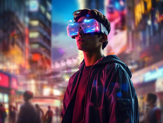 innovation and possibilities of augmented reality (AR) with a wide-angle shot of a person wearing AR glasses, interacting with virtual objects in a modern urban environment