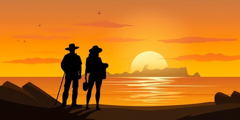 illustration of adventurer duo on the beach at sunset. adventure, hiking, couple, sport