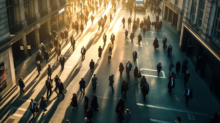 Lots of business people walking at work in the city at early morning. Beautiful sunrise light at back. AI generative illustration
