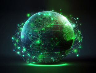 Neon hologram of planet Earth with internet and telecom connections lines. Global business, information fields concept AI generative illustration 