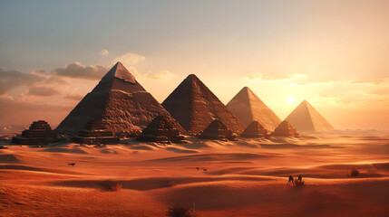 AI generative illustration of Egyptian pyramids at sunset