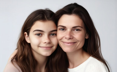 Portrait of Mather and daughter, two generations concept. Happy family and parental relationship. AI generative illustration
