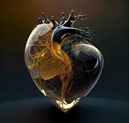 fragile glass human heart on a dark background. Generative AI