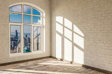 empty urban appartment with skyline view and brigth sunlight trough arched window; modern architecture design; 3D Illustration