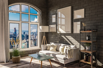 luxurious loft apartment with arched window and panoramic view over urban downtown; noble interior living room design mock up; 3D Illustration