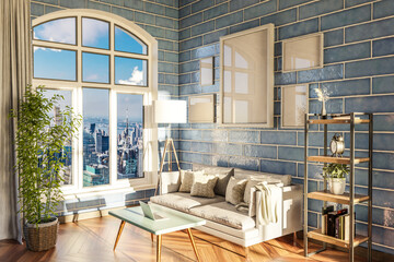 luxurious loft apartment with arched window and panoramic view over urban downtown; noble interior living room design mock up; 3D Illustration