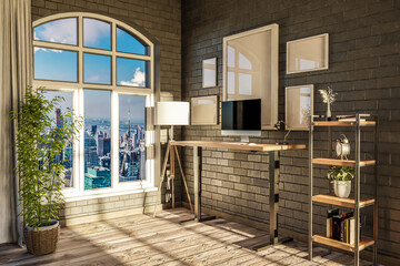 modern standing desk pc workplace in daylight downtown skyline office; home decoration desing and home office concept; 3D Illustration