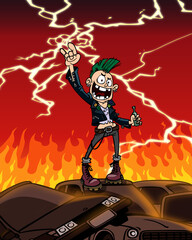 Punk cartoon character man boy funny stock illustration fire lightning background