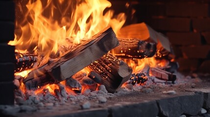 Fototapeta premium Burning tree log close-up as an abstract background. Hot coals of burning wood of a wood fire. Burning wood on the fireplace.The texture of the fiery coals of a campfire. smoldering fire.Generative AI
