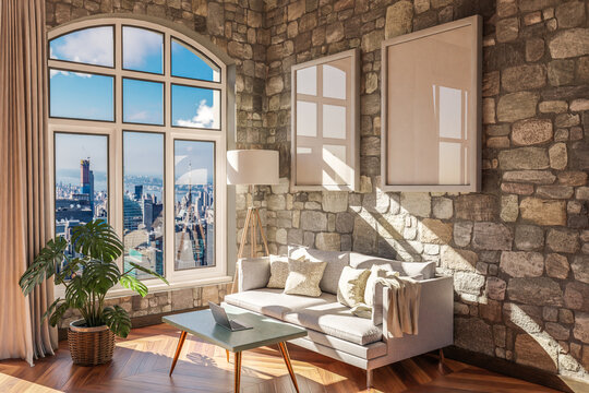 luxurious loft apartment with arched window and panoramic view over urban downtown; noble interior living room design mock up; 3D Illustration