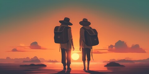 illustration of adventurer duo on the beach at sunset. adventure, hiking, couple, sport