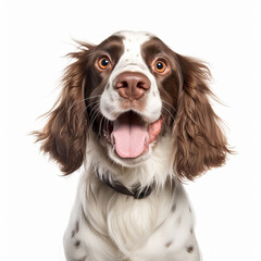 Isolated White Background: Happy Smiling English Springer Spaniel Dog - Stock Image - obrazy, fototapety, plakaty