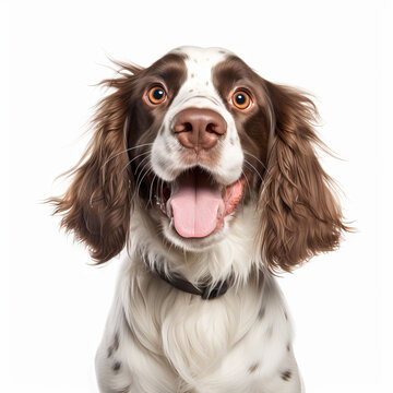 Isolated White Background: Happy Smiling English Springer Spaniel Dog - Stock Image