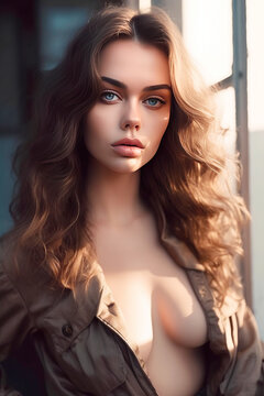 Portrait of sexy young woman with blouse. The woman's shirt is unbuttoned, revealing her breast. looking seductively into the camera. Generative AI