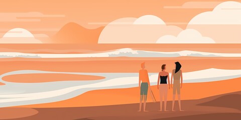 illustration friends by the sea, cartoon, hiking, travel, lifestyle