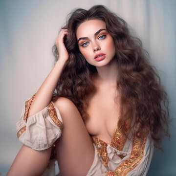 Portrait of sexy young woman with blouse. The woman's shirt is unbuttoned, revealing her breast. looking seductively into the camera. Generative AI
