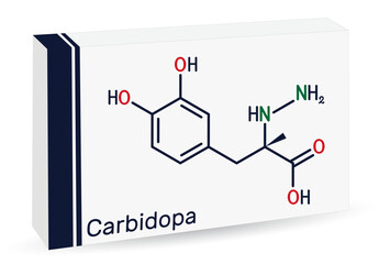 Carbidopa molecule. It is dopa decarboxylase inhibitor used for treatment of idiopathic Parkinson disease. Skeletal chemical formula. Paper packaging for drugs.
