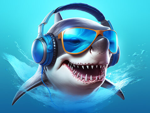 Music dj shark with sunglasses and headphones - Blue ocean background - Generative AI